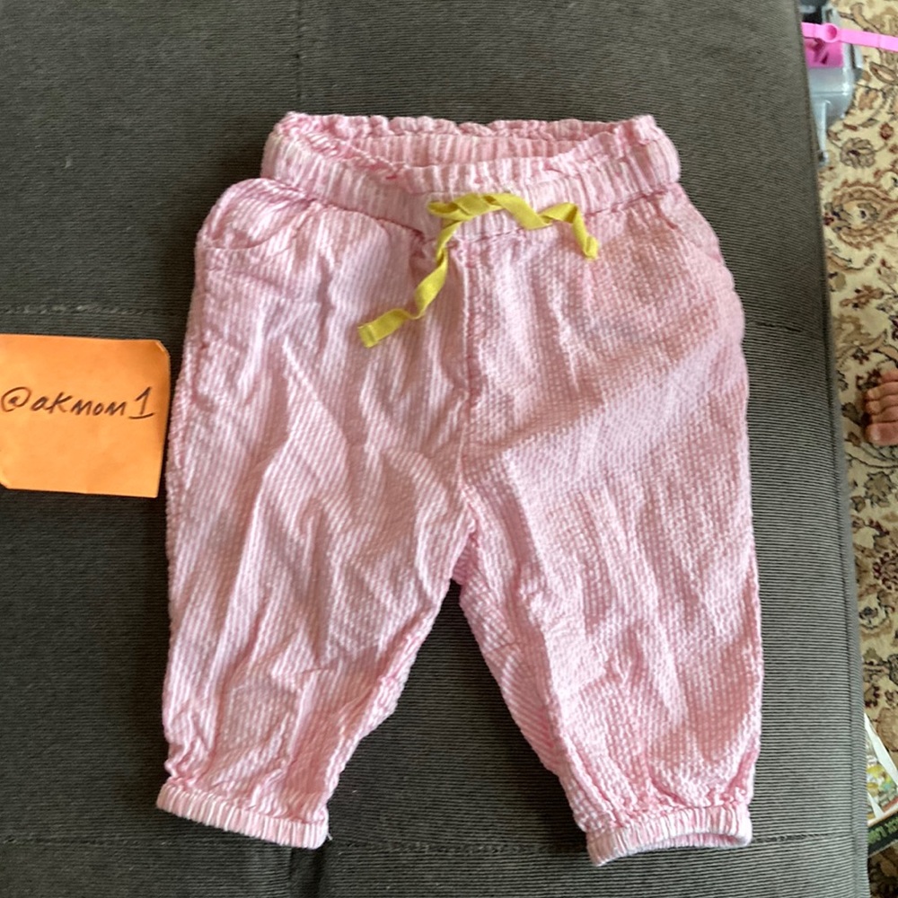 Woven Paperbag Pants, Ivory/boto pink ticking, woven seersucker material.